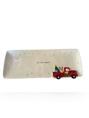 TAG TIS THE SEASON Christmas Holiday Serving Appetizer Tray Plate Red Truck EC